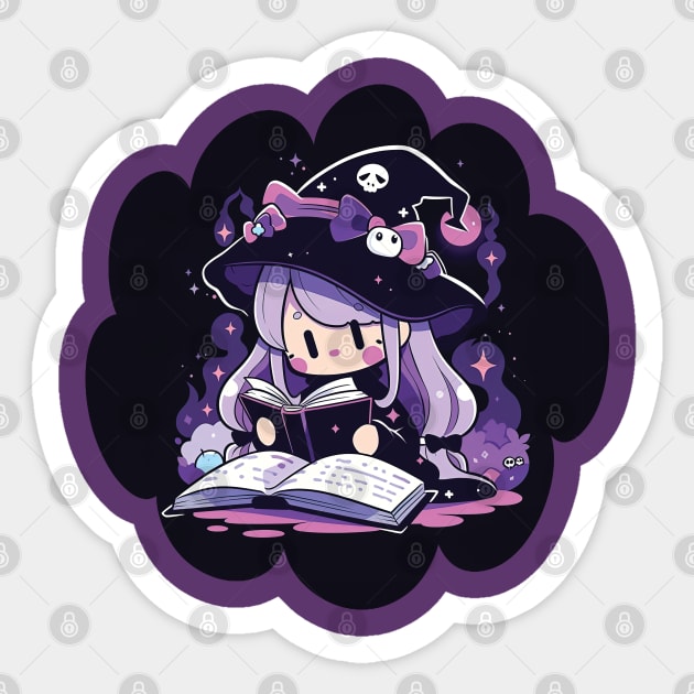 Baby Witch Scorpio Zodiac Sign Reading Spell Book Chibi Style Sticker by The Little Store Of Magic